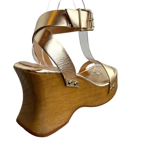 SCHUTZ Lansy Buckle Ankle Strap Wooden-sole Platform Sandals in Gold Size 9.5 - Picture 4 of 13